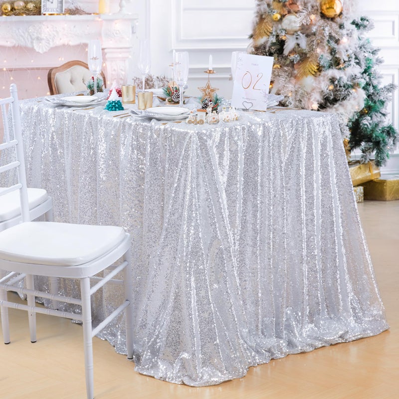 QueenDream Sequin Tablecloth 90x132 Inches Rectangular Silver Table Cloth Glitter Fabric Overlay for Wedding Birthday Bridal Shower Decorations - Image 1